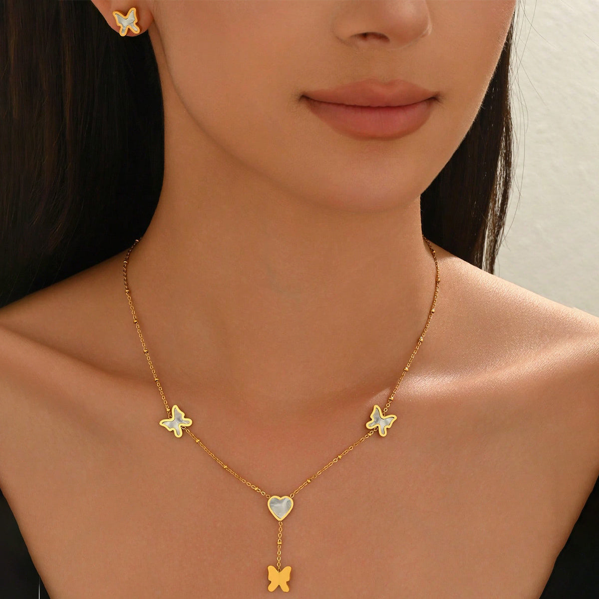 Lxalry 18K Gold Plated Stainless Steel Butterfly & Heart Jewelry Set For Women - Waterproof Hypoallergenic Necklace & Earrings, Elegant Gift For Girlfriend, Birthday, Wedding, Daily Wear
