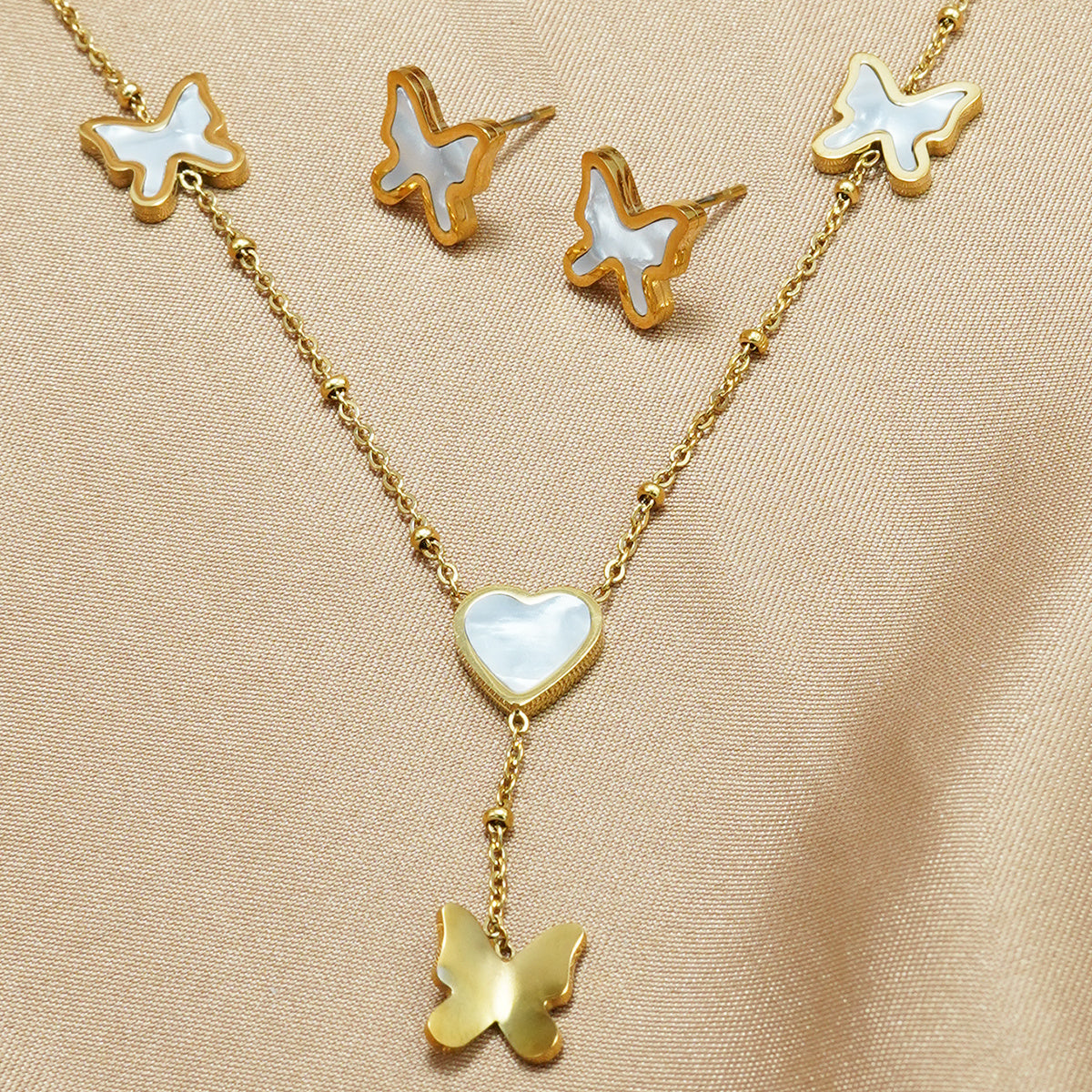 Lxalry 18K Gold Plated Stainless Steel Butterfly & Heart Jewelry Set For Women - Waterproof Hypoallergenic Necklace & Earrings, Elegant Gift For Girlfriend, Birthday, Wedding, Daily Wear